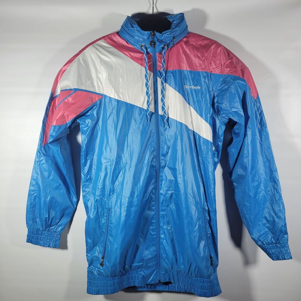 Reebok Women's Big Logo Blue Pink Hooded Nylon Windbreaker Track Jacket Size 6